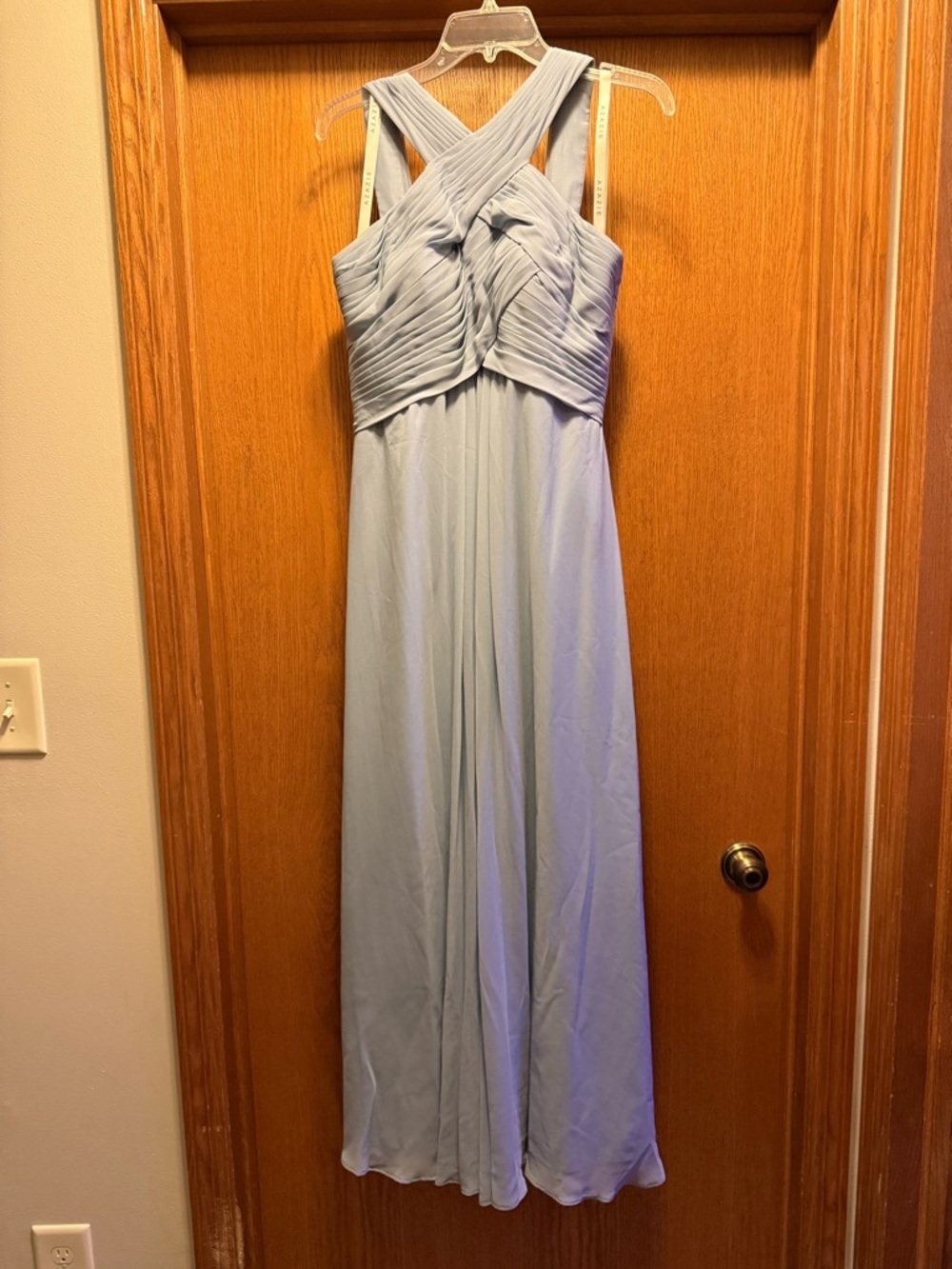 Azazie Light Blue Cross-Back Pleated Maxi Dress